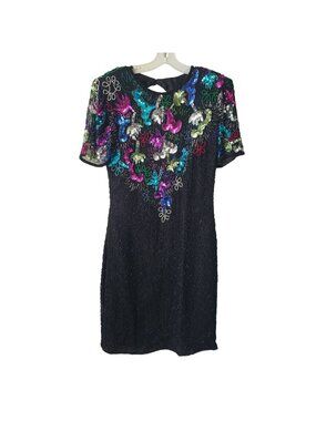 Vintage Sweelo Beaded Sequin Dress 80s Prom Cocktail Black Rainbow Retro NYE